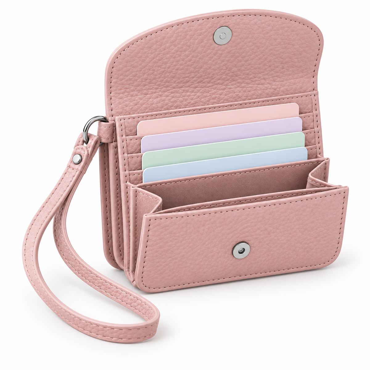 Rounded Flap Wristlet Card Wallet - woman carrying wallet looped on wrist in white outfit outdoors