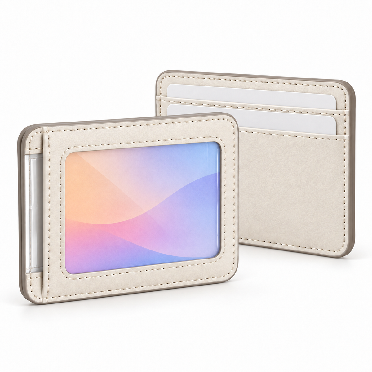 Photo Window Card Wallet - front window showing colorful holographic card insert, back slots loaded with white cards