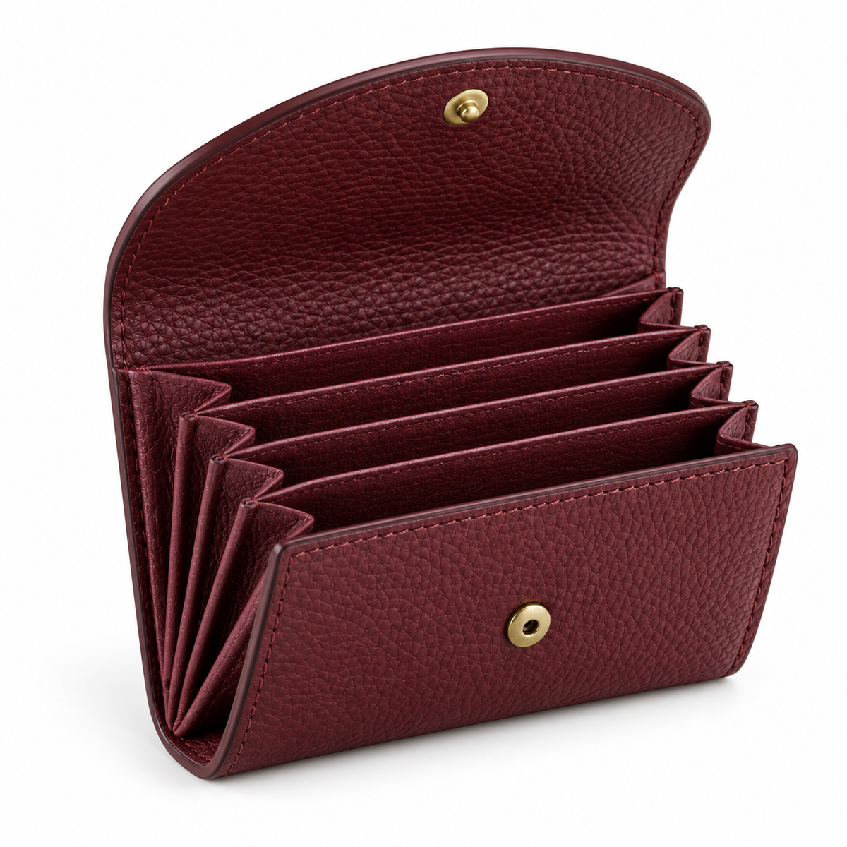 Accordion Fold Card Wallet - open, showing empty accordion slots, burgundy