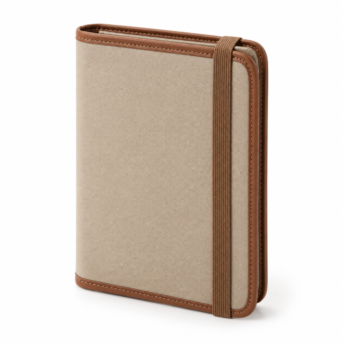 Canvas & Leather Travel Passport Wallet - closed, sand canvas front with cognac trim and elastic band