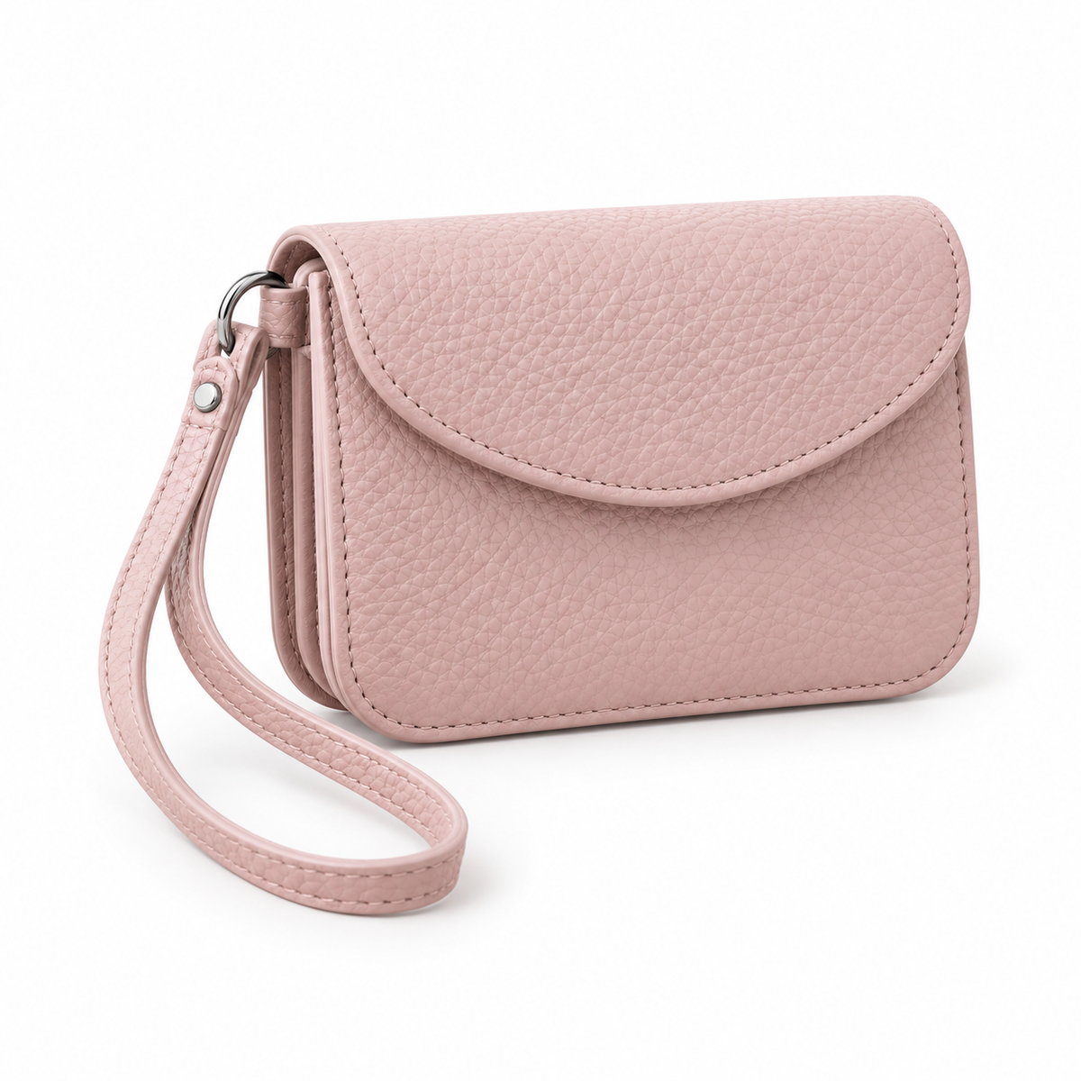 Rounded Flap Wristlet Card Wallet - closed, blush pink pebbled leather with wrist strap, front view