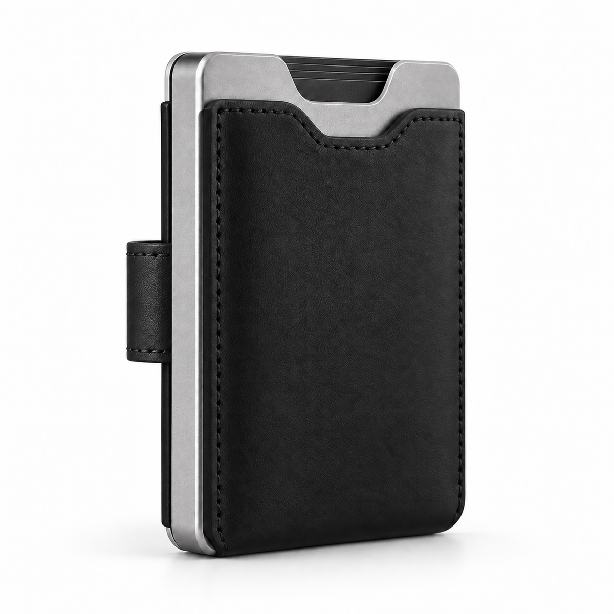 Aluminum Pop-Up Card Wallet - closed, black leather sleeve with brushed aluminum top on white background