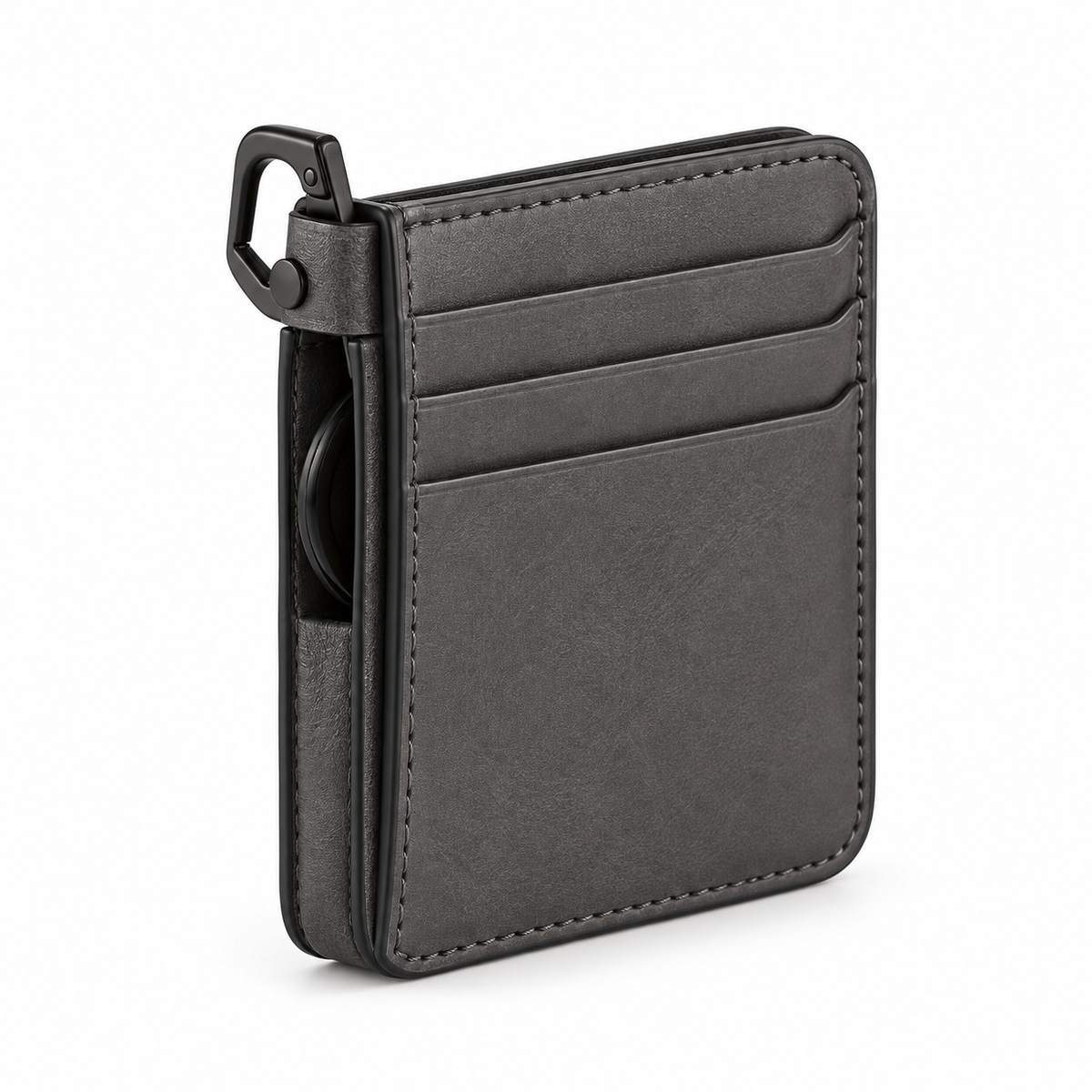 Carabiner Key Ring Card Wallet - closed charcoal leather front view with matte black carabiner attached at top corner