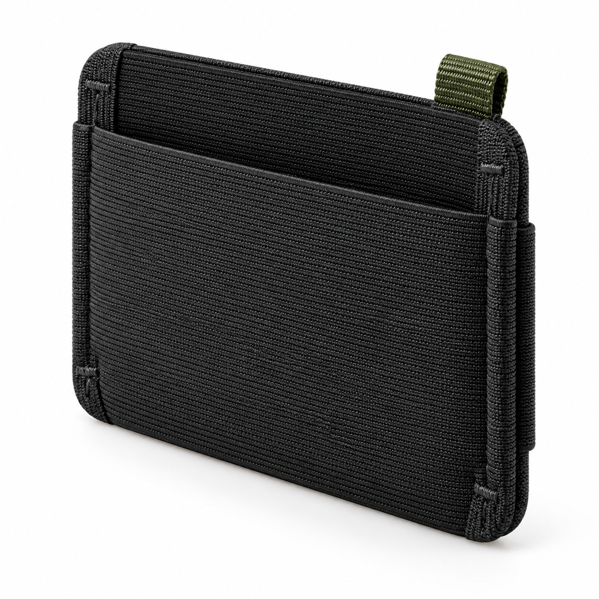 Elastic Weave Sport Card Wallet - matte black front view with olive green pull tab