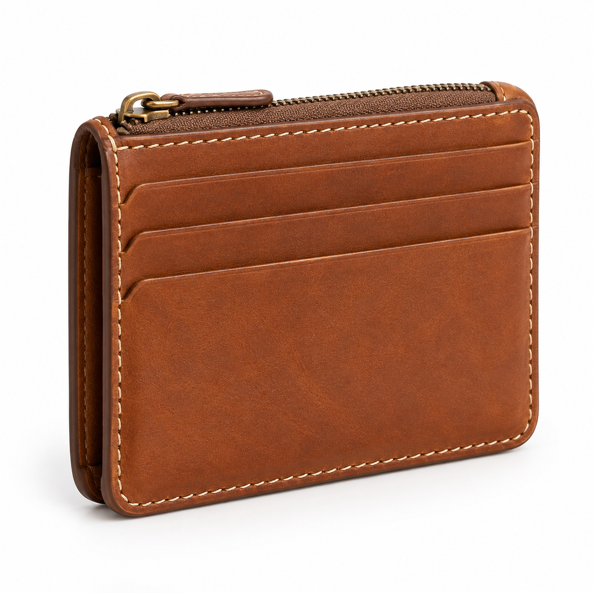 Zip-Top Card & Coin Wallet - closed, cognac brown front view showing 4 card slots
