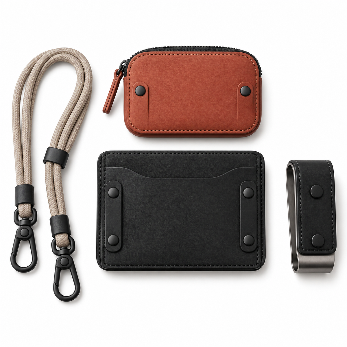 Modular Snap Wallet System - all 4 pieces laid flat: black card holder, cognac zip coin pouch, steel money clip and braided lanyard with snap hooks