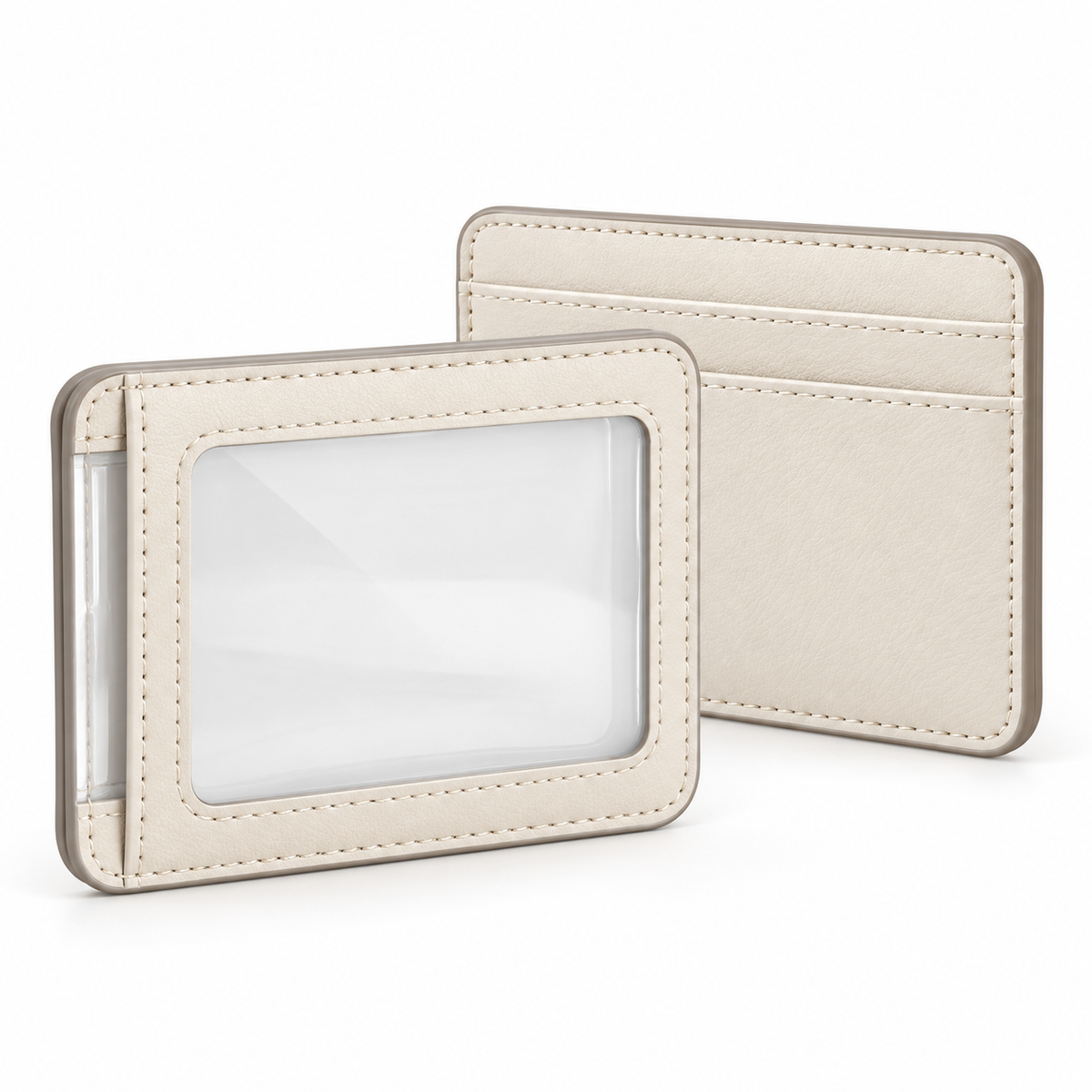 Photo Window Card Wallet - front and back view, cream leather with clear PVC window and 2 back card slots