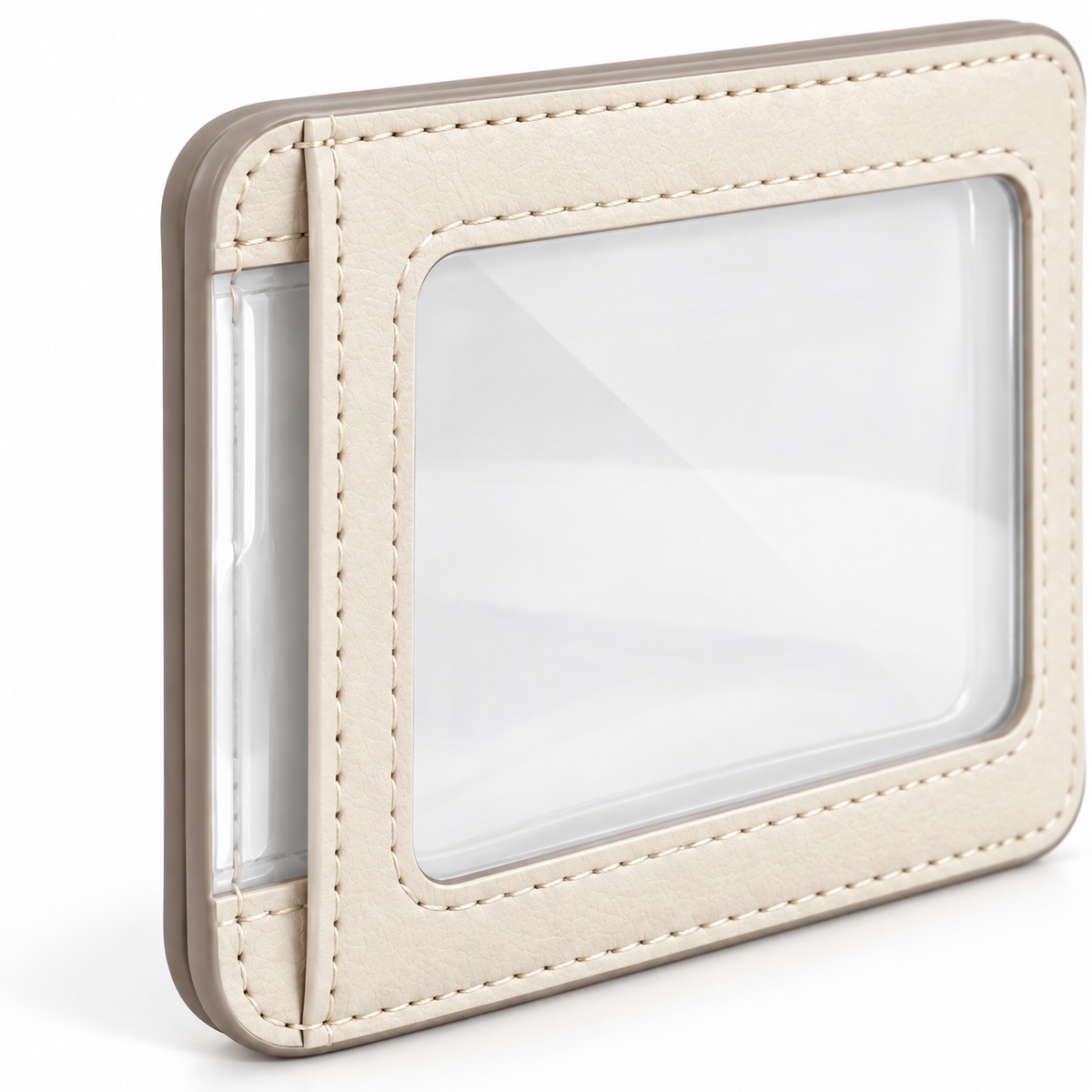 Photo Window Card Wallet - 45 degree angle showing structured semi-rigid frame and rounded corners