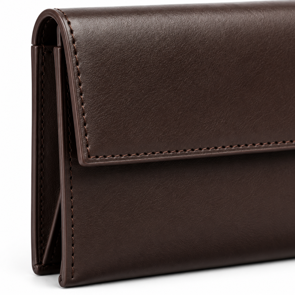 Executive Leather Business Card Holder - lifestyle flat lay on dark wood desk with watch and pen