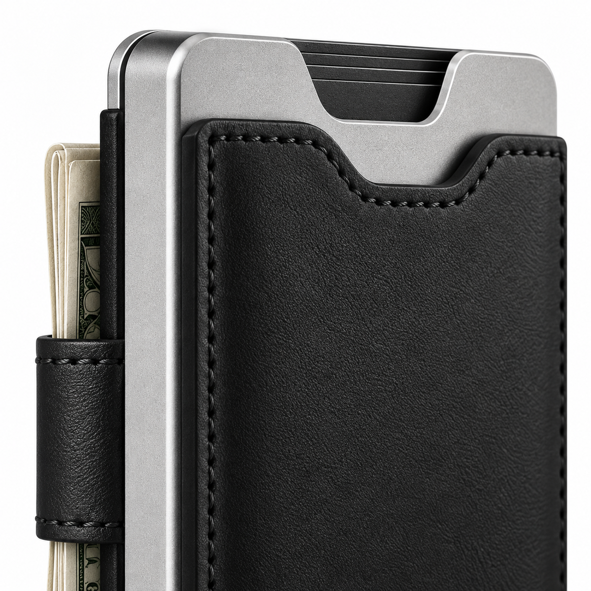 Aluminum Pop-Up Card Wallet - close up detail of aluminum top slot and cash tucked into side strap