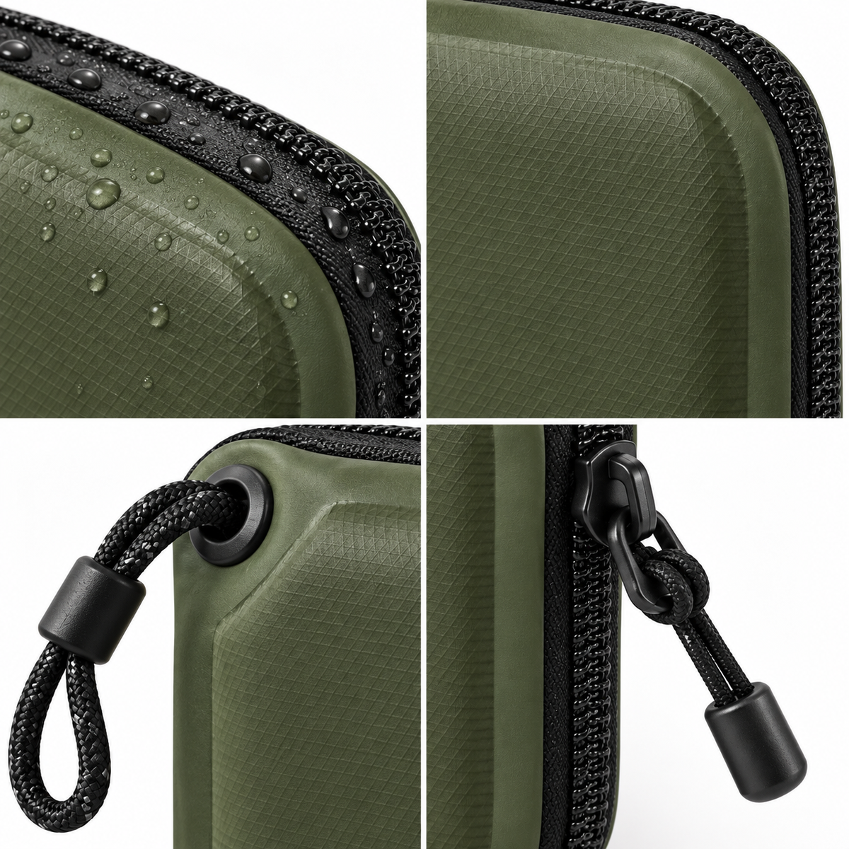 Waterproof Hard Shell Outdoor Card Case - detail collage showing waterproof surface, cross-hatch texture, paracord loop and zipper pull
