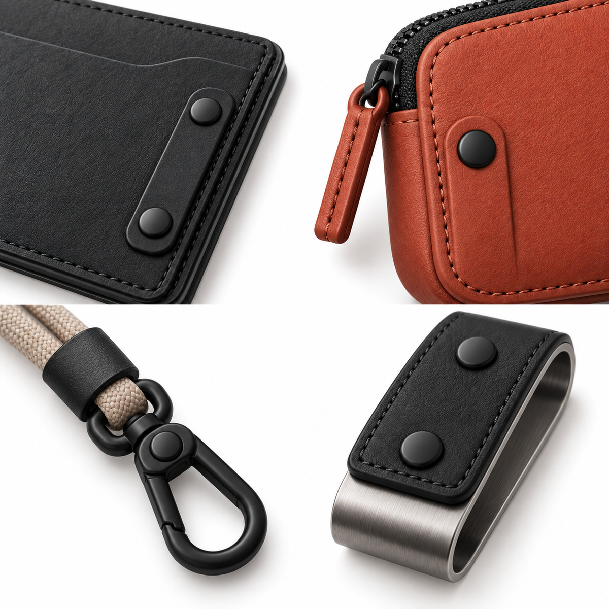 Modular Snap Wallet System - 4-up detail collage showing card holder stitching, zip pull, lanyard swivel hook and leather money clip snap
