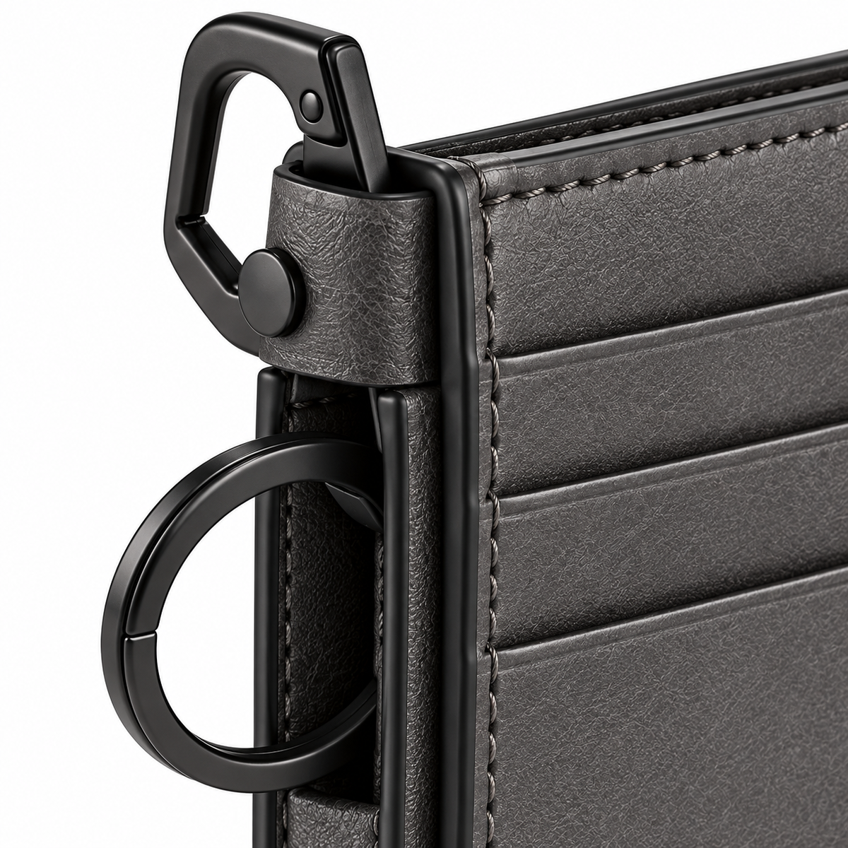 Carabiner Key Ring Card Wallet - open angle showing 3 front card slots loaded with cards and keys on ring