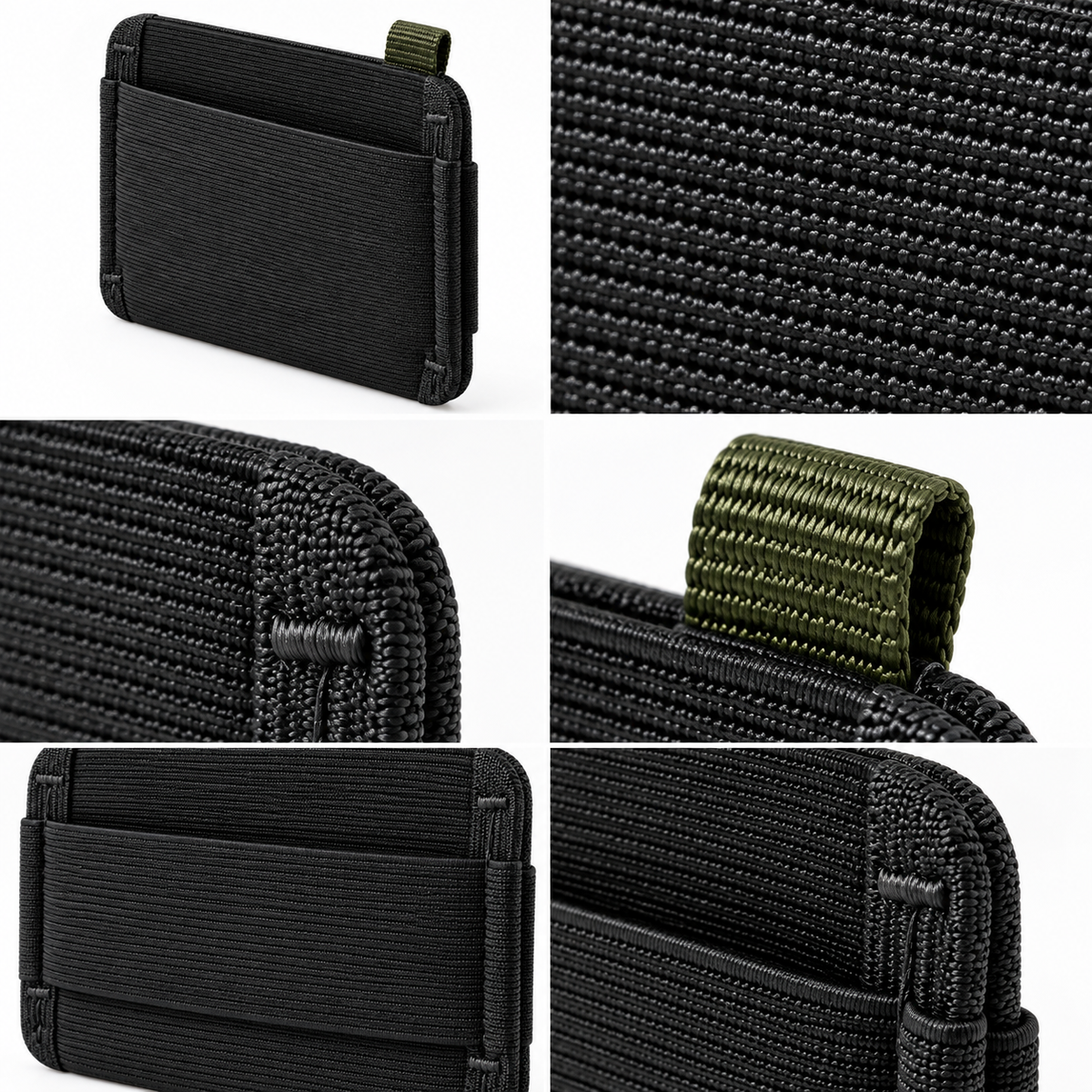 Elastic Weave Sport Card Wallet - detail collage showing nylon weave texture, corner stitching and olive pull tab