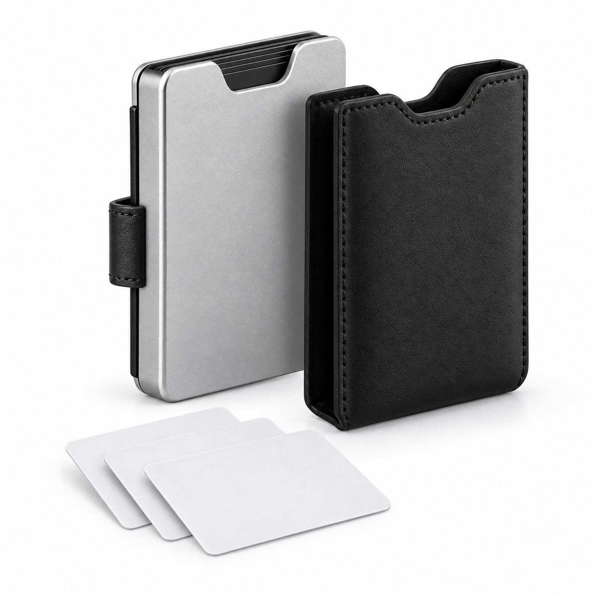 Aluminum Pop-Up Card Wallet - exploded view showing aluminum shell, removable leather sleeve and 3 card separators