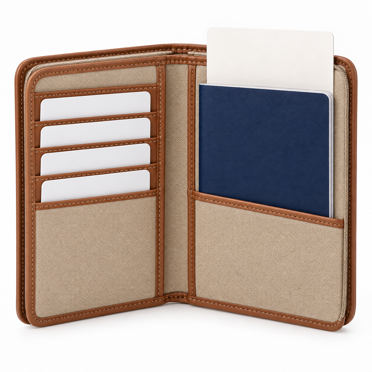 Canvas & Leather Travel Passport Wallet - open showing 4 card slots and passport pocket loaded