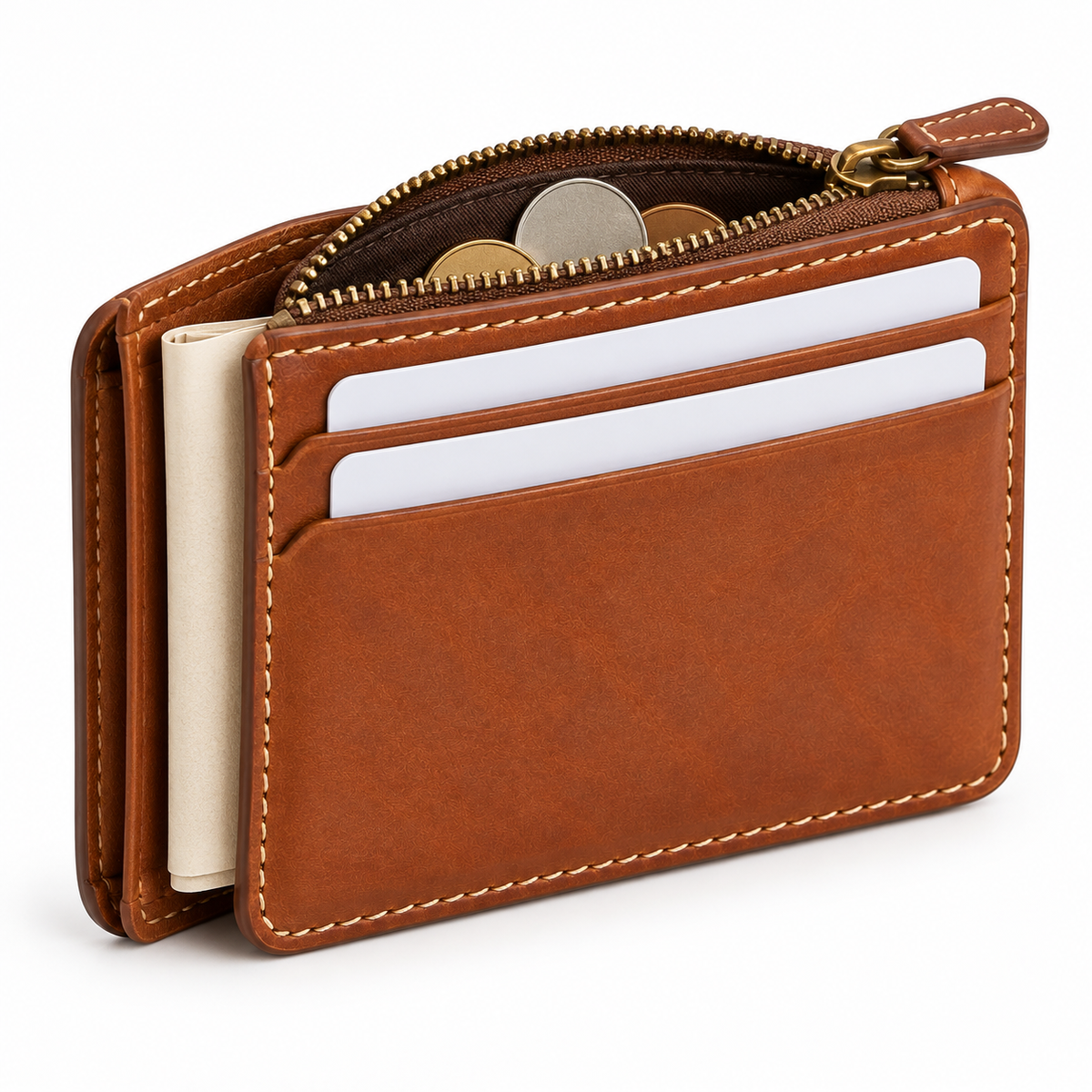 Zip-Top Card & Coin Wallet - close up of antique brass zipper and saddle stitching