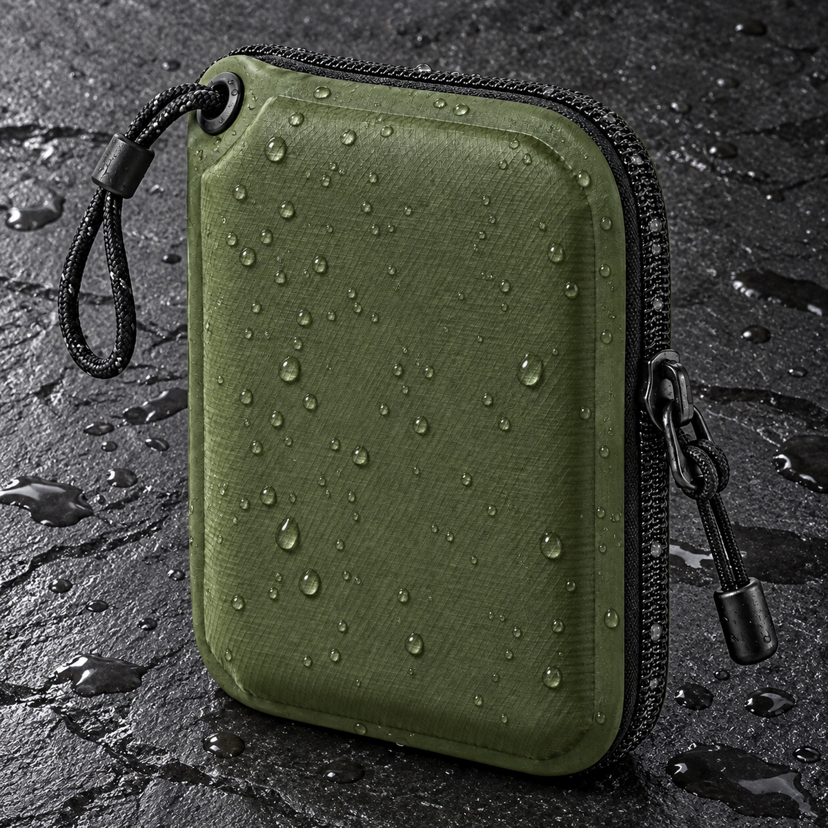 Waterproof Hard Shell Outdoor Card Case - covered in water droplets on wet dark surface