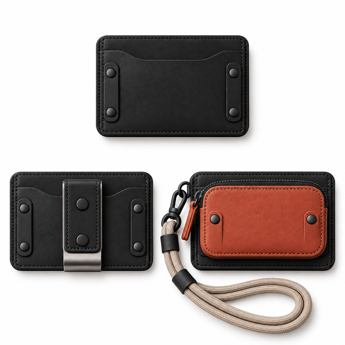Modular Snap Wallet System - 3 configuration flat lays: card holder alone, card holder with money clip, and coin pouch snapped to card holder with lanyard attached