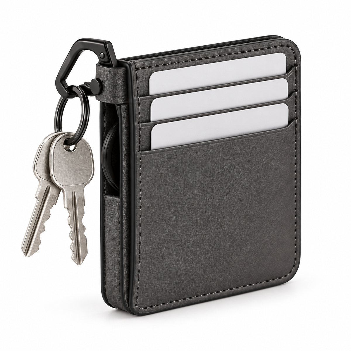 Carabiner Key Ring Card Wallet - close up of matte black zinc carabiner press gate and key ring hardware