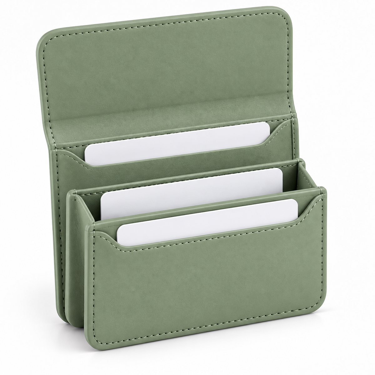 Magnetic Flap Card Wallet - open showing tri-pocket interior with cards