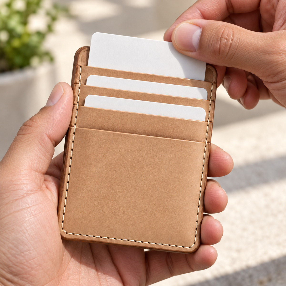 Stepped Pull-Tab Card Wallet - close up of hand stitching detail