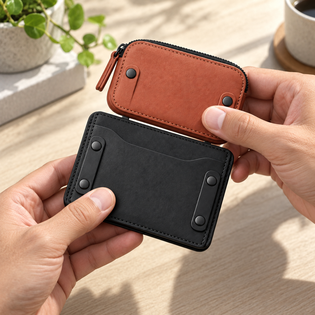 Modular Snap Wallet System - two hands holding assembled card holder and cognac zip pouch side by side