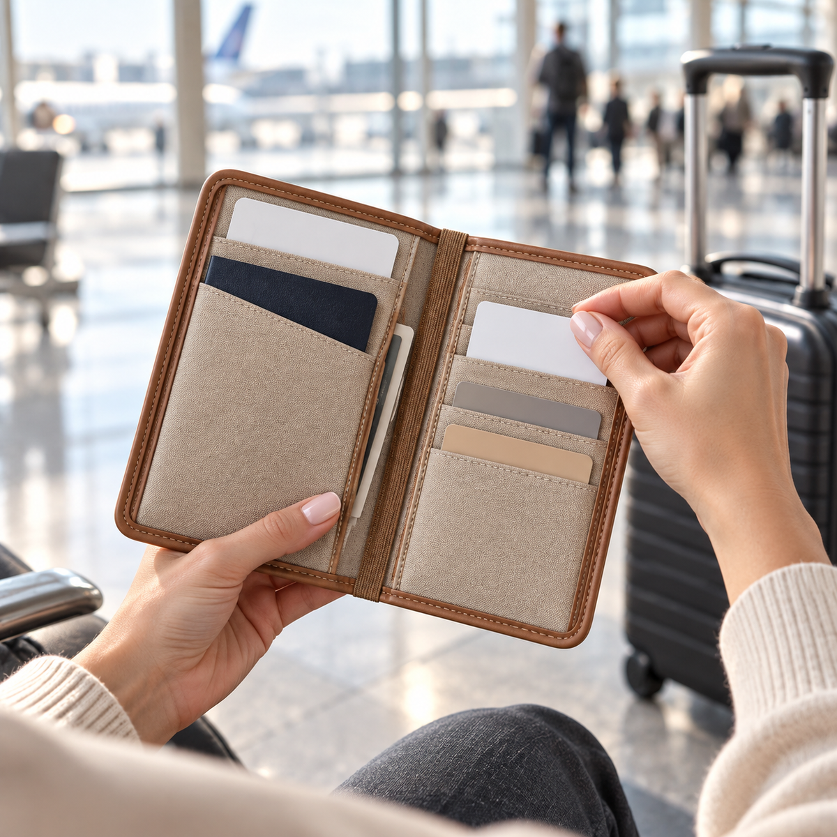 Canvas & Leather Travel Passport Wallet - woman using wallet at airport departure gate