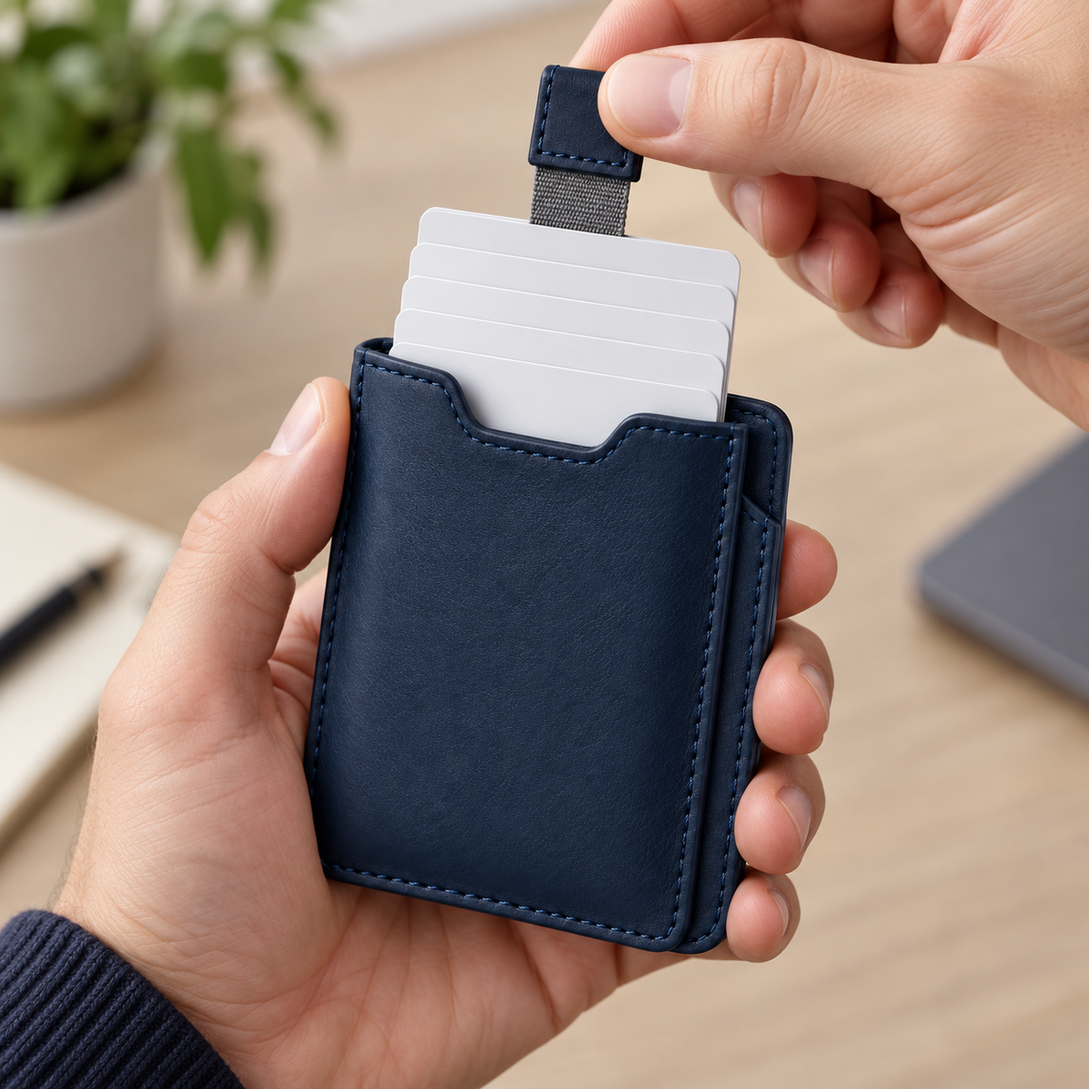 Pull-Strap Pop-Up Card Wallet - lifestyle shot on countertop with keys and AirPods