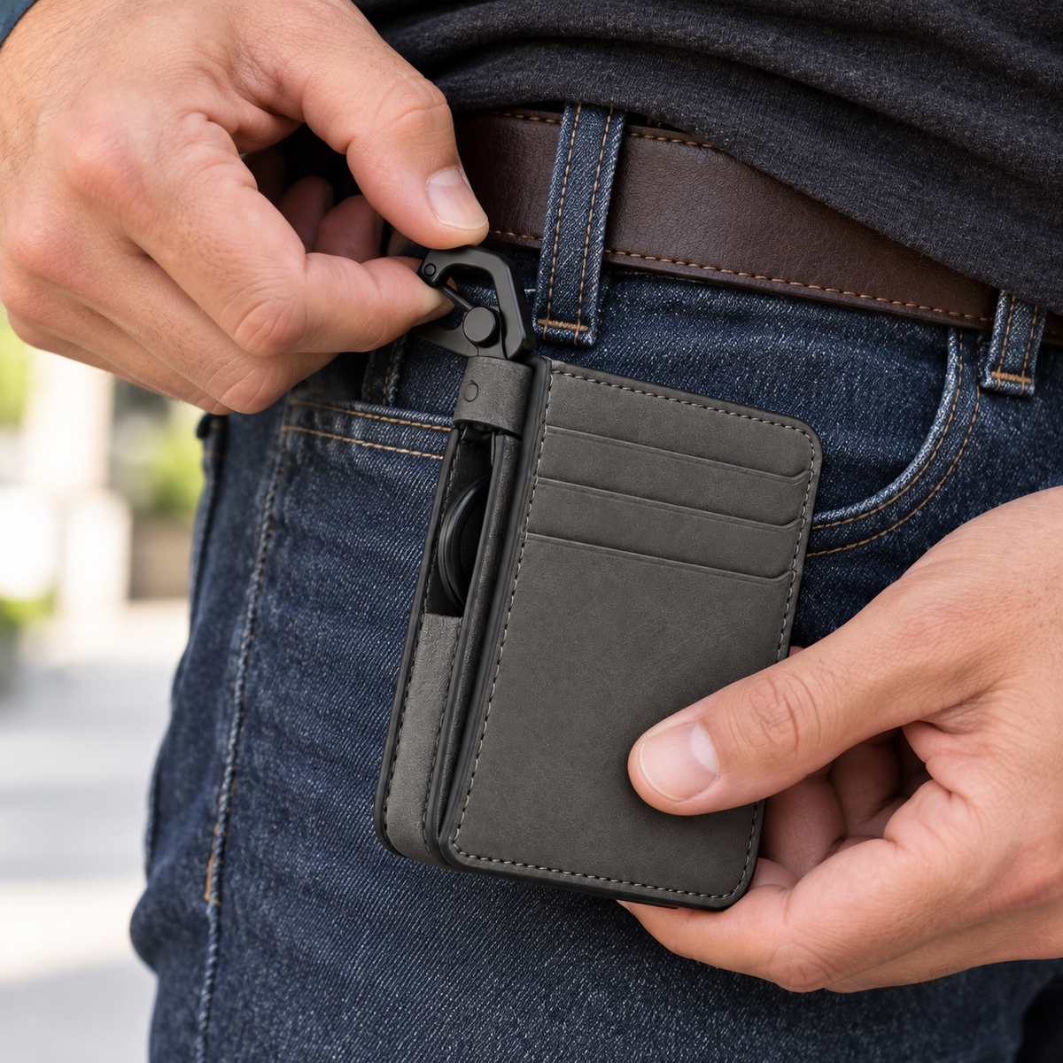 Carabiner Key Ring Card Wallet - man clipping wallet to belt loop of dark jeans while pulling from front pocket