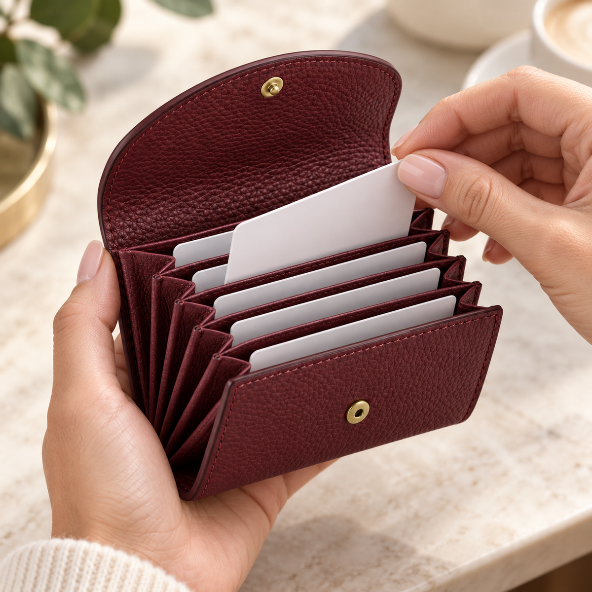 Accordion Fold Card Wallet - open close-up showing pebbled leather texture