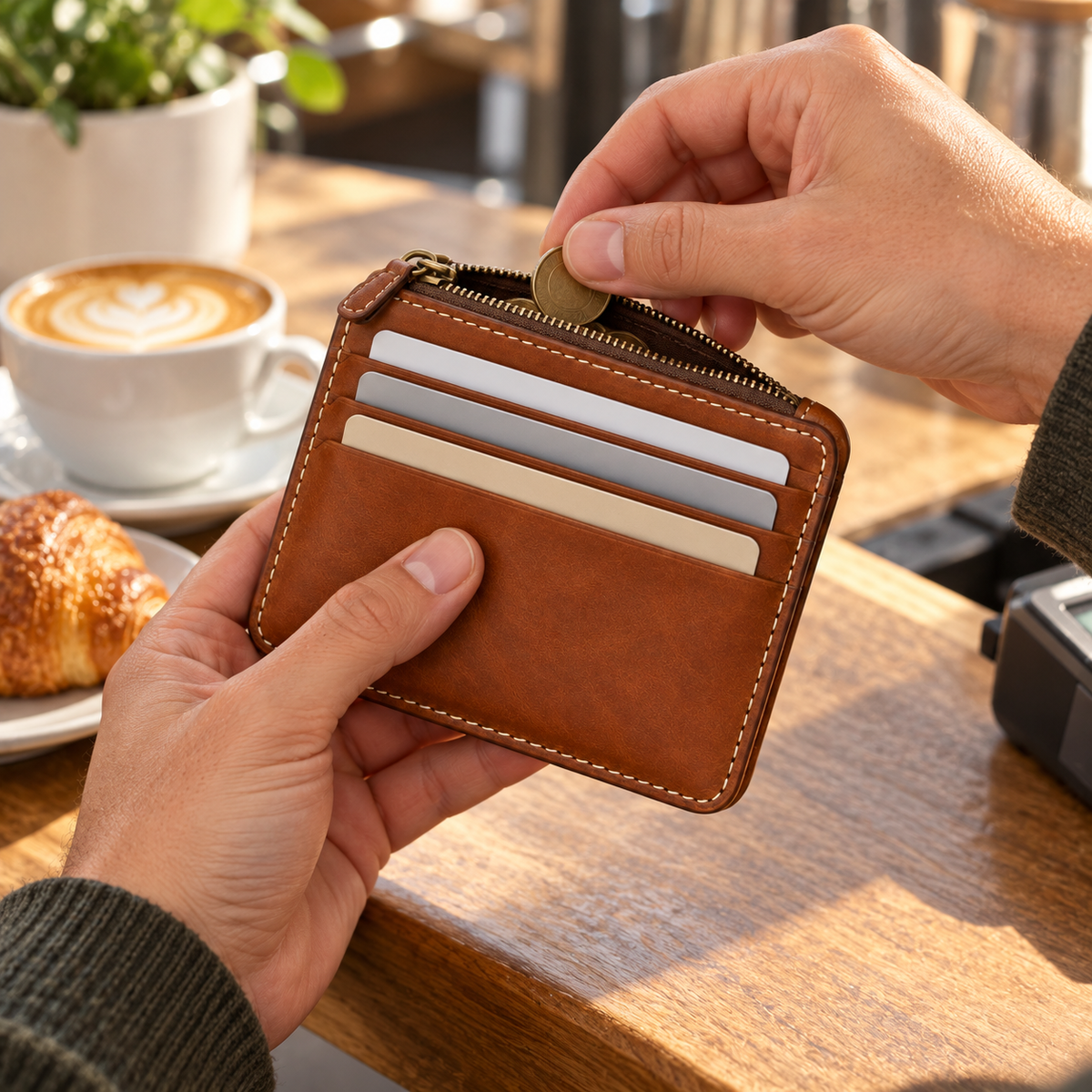 Zip-Top Card & Coin Wallet - hands dropping coin into zip pocket at café