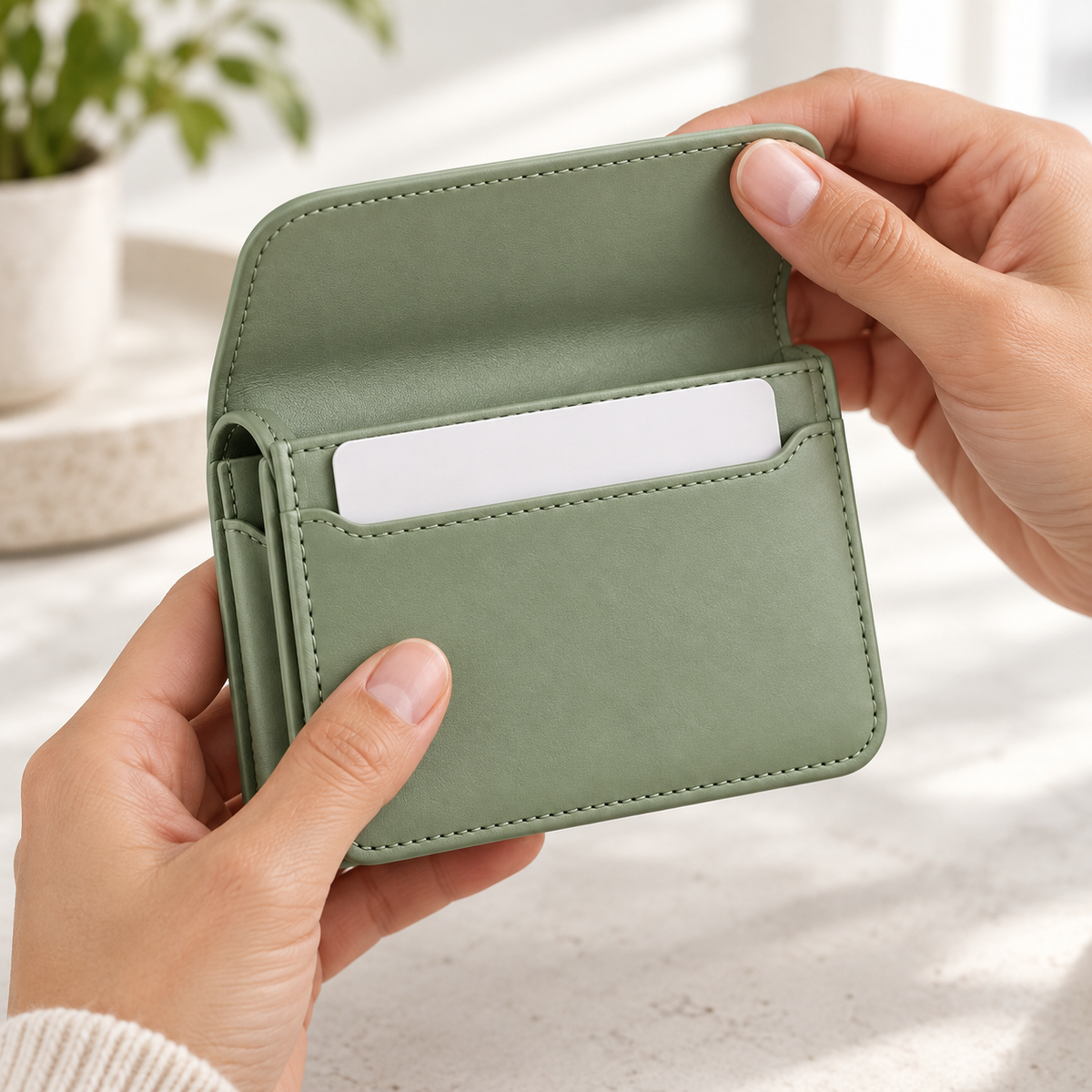 Magnetic Flap Card Wallet - hands opening flap and inserting card