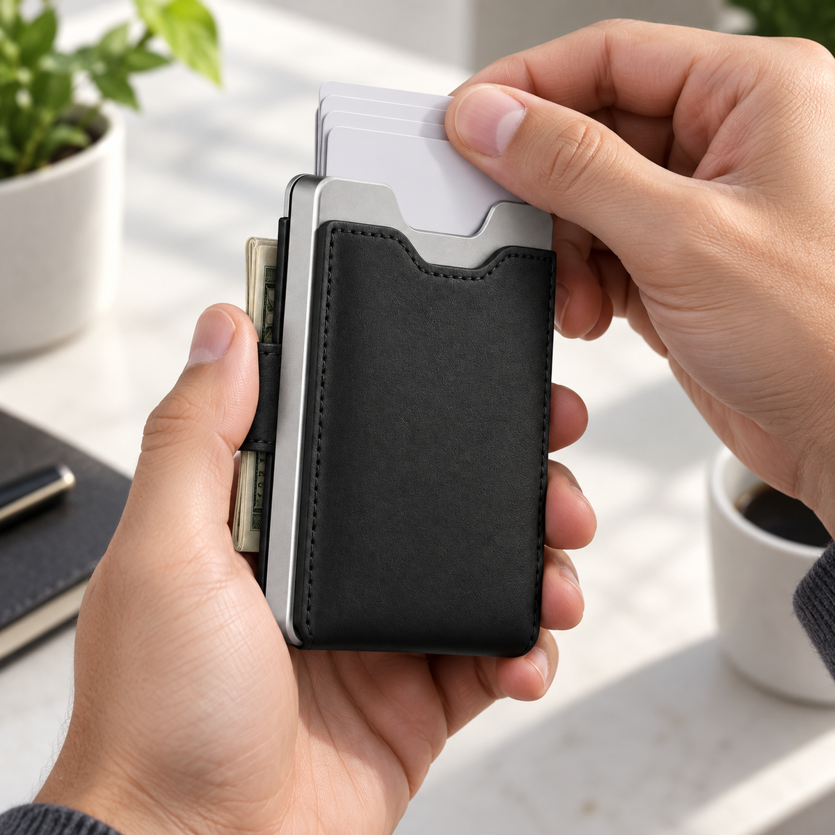 Aluminum Pop-Up Card Wallet - hands pressing side tab to fan cards out of aluminum ejector