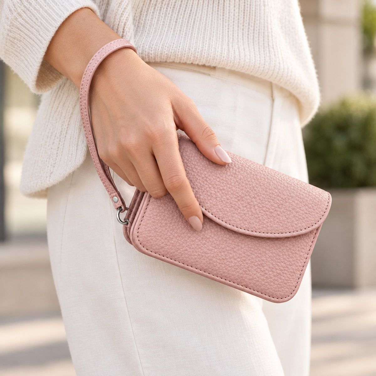 Rounded Flap Wristlet Card Wallet - lifestyle flat lay on marble with lipstick, perfume, earrings and makeup brush