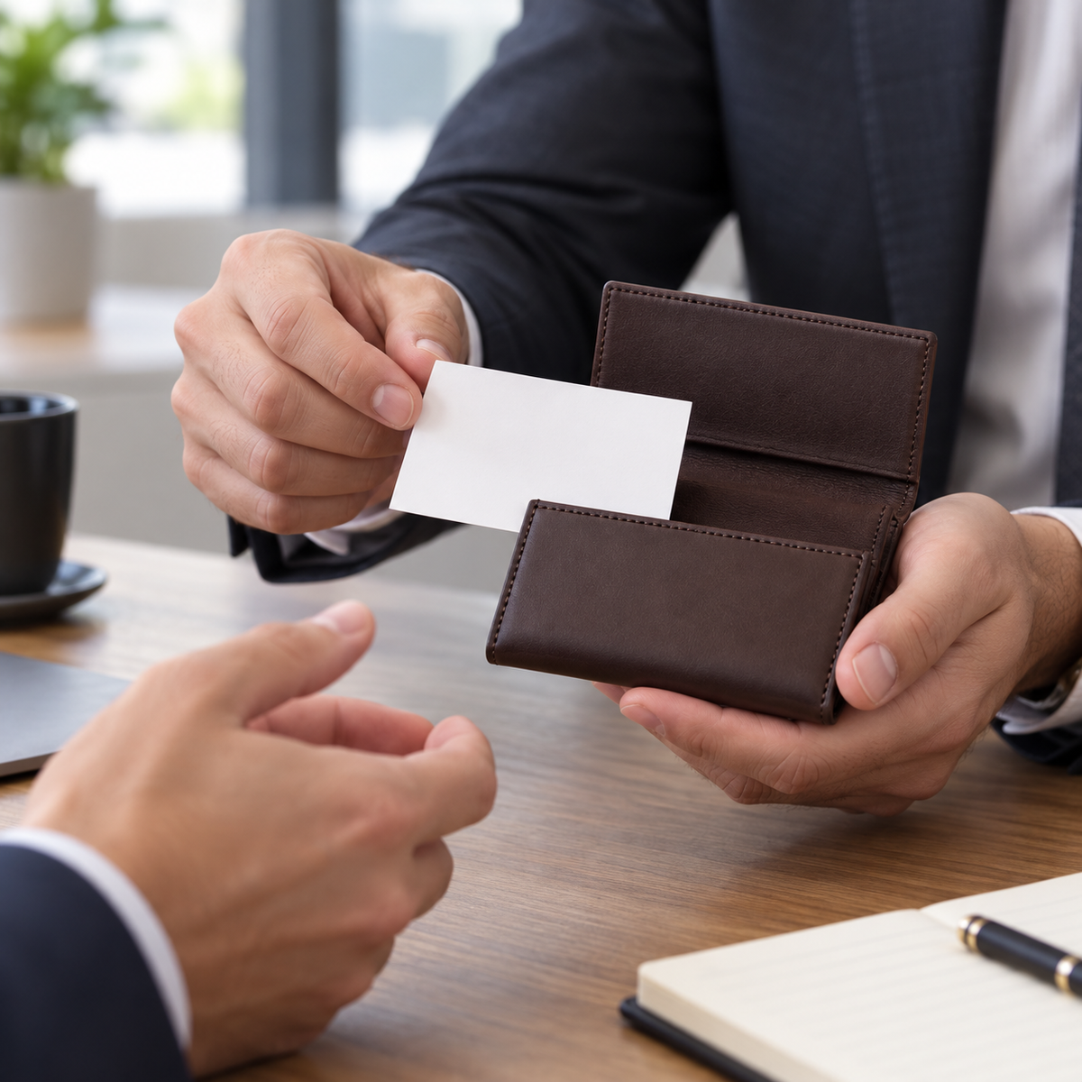 Executive Leather Business Card Holder - man presenting business card from open holder at meeting