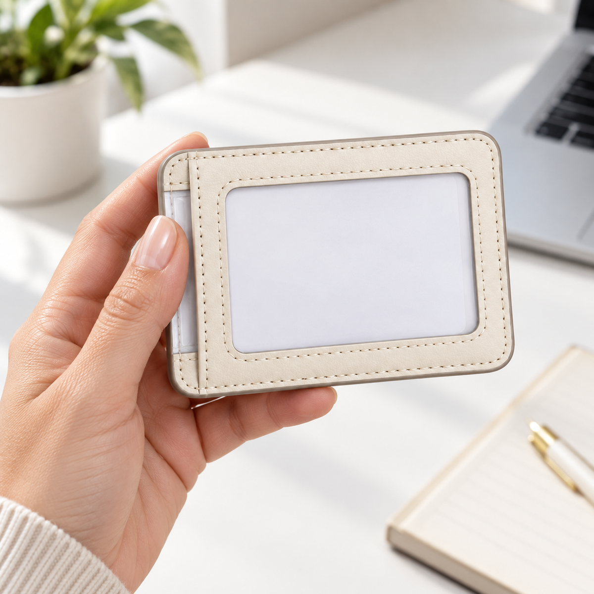 Photo Window Card Wallet - woman holding wallet in hand at bright desk with laptop and notebook