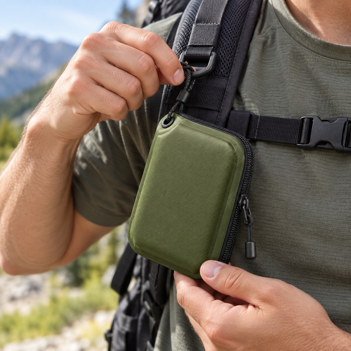 Waterproof Hard Shell Outdoor Card Case - man clipping case to backpack chest strap on mountain trail