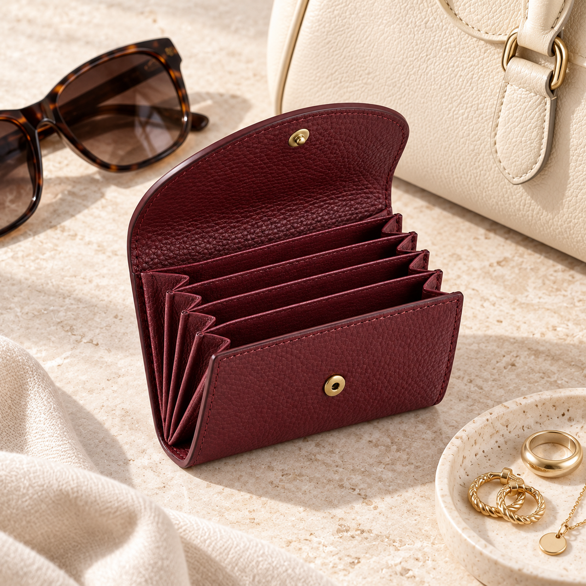 Accordion Fold Card Wallet - lifestyle flat lay with sunglasses and jewelry