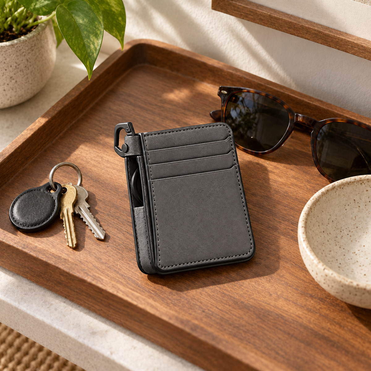 Carabiner Key Ring Card Wallet - lifestyle flat lay on wooden tray with keys, sunglasses and ceramic bowl