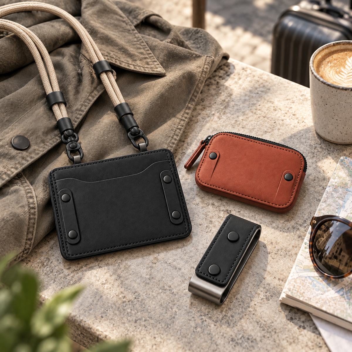 Modular Snap Wallet System - lifestyle flat lay on stone cafe table with jacket, sunglasses, coffee and travel bag