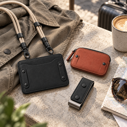 Modular Snap Wallet System - lifestyle flat lay on stone cafe table with jacket, sunglasses, coffee and travel bag