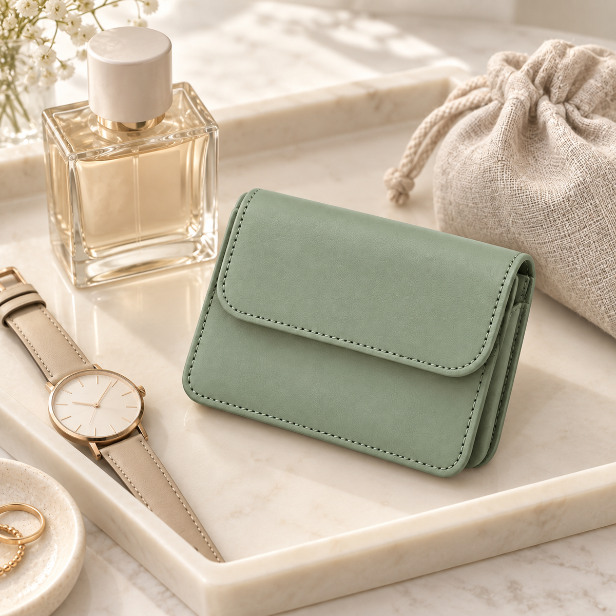 Magnetic Flap Card Wallet - lifestyle flat lay with perfume, watch and jewelry
