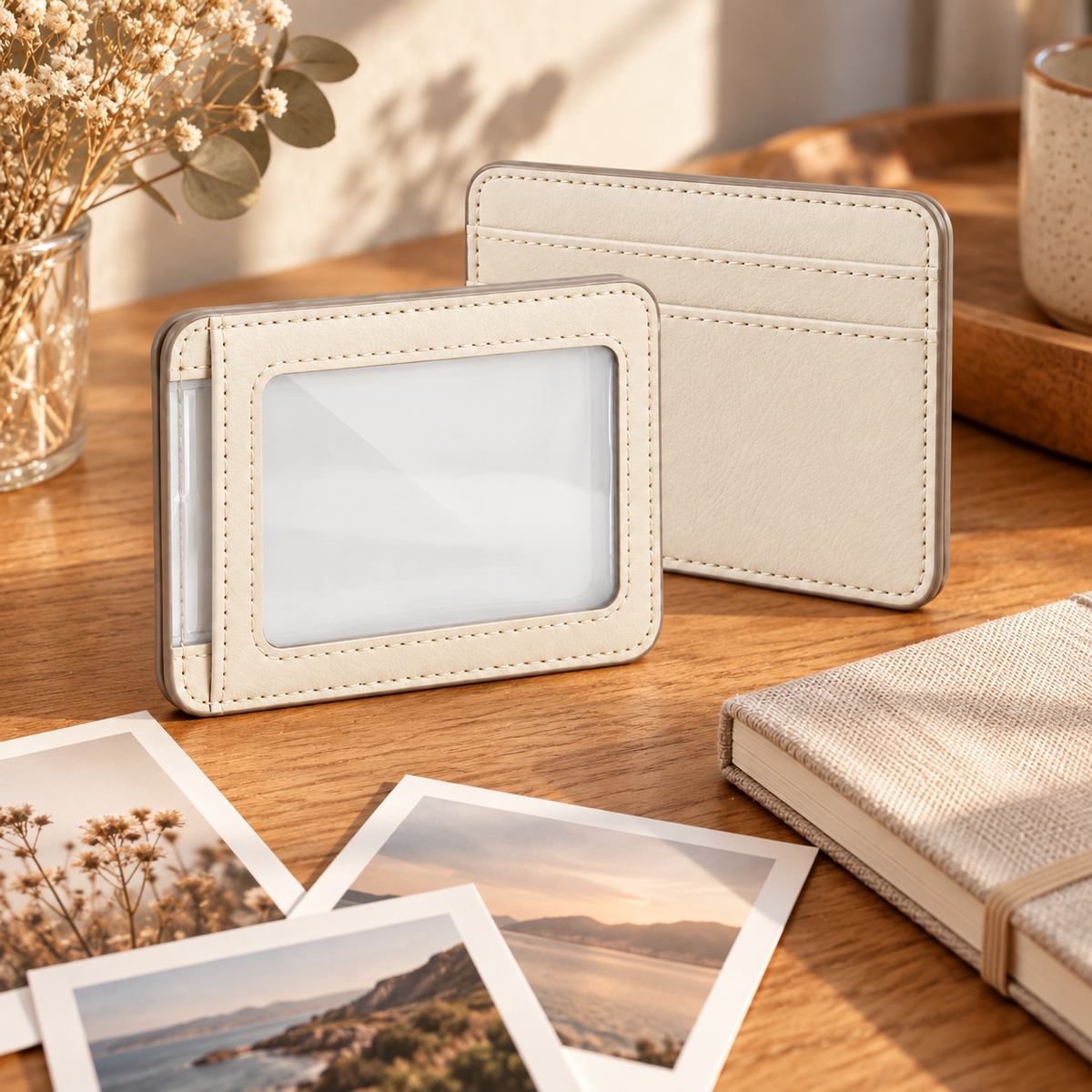 Photo Window Card Wallet - lifestyle flat lay on wooden table with polaroid photos, dried flowers and journal