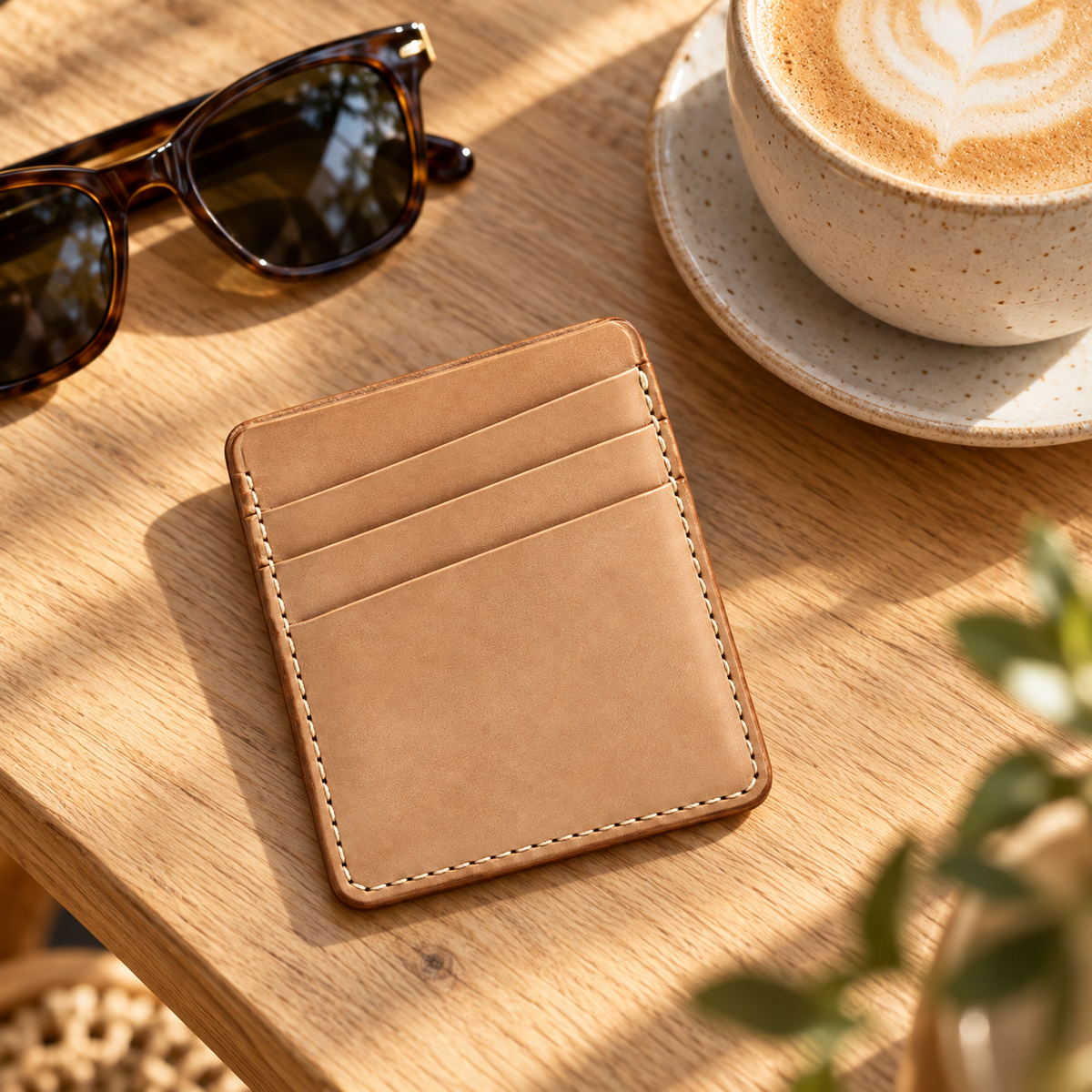 Stepped Pull-Tab Card Wallet - lifestyle shot on wooden table with coffee