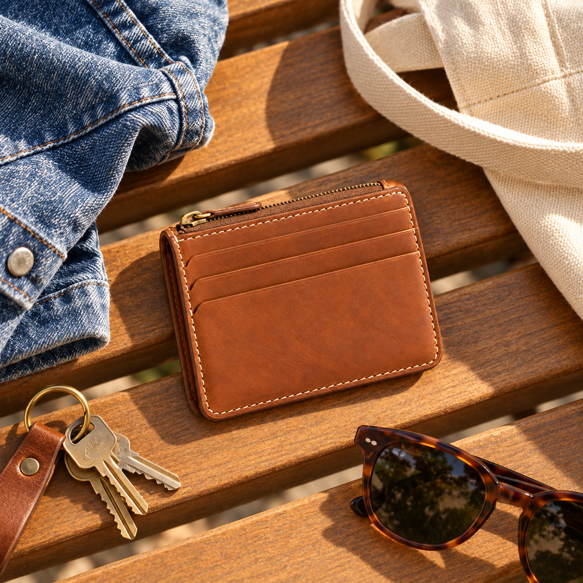 Zip-Top Card & Coin Wallet - lifestyle flat lay with keys and sunglasses on wooden bench