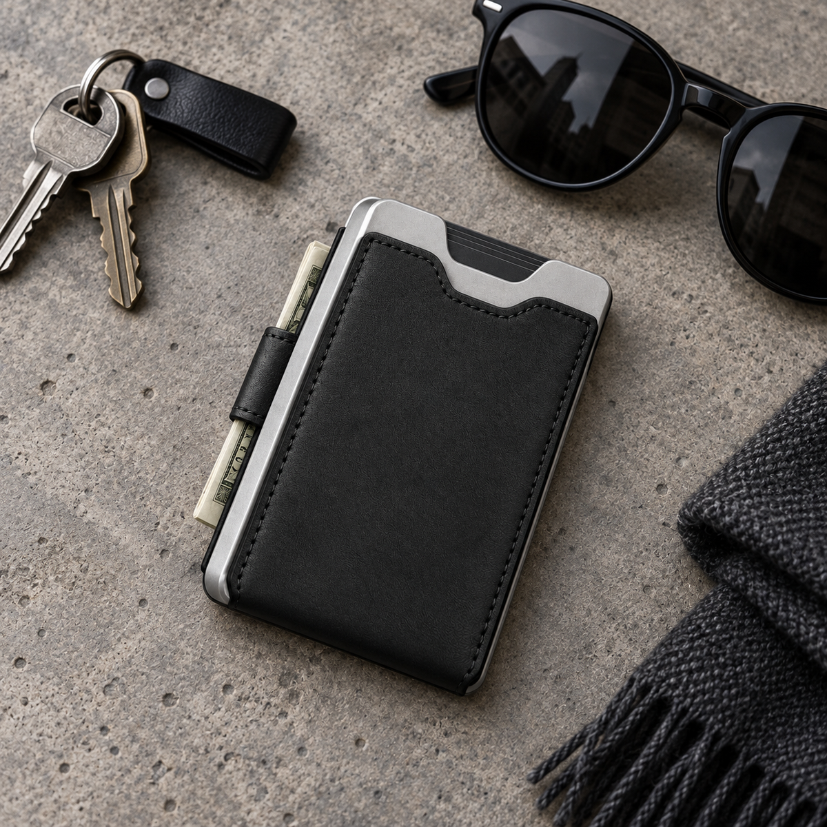 Aluminum Pop-Up Card Wallet - lifestyle flat lay on concrete with keys, sunglasses and scarf