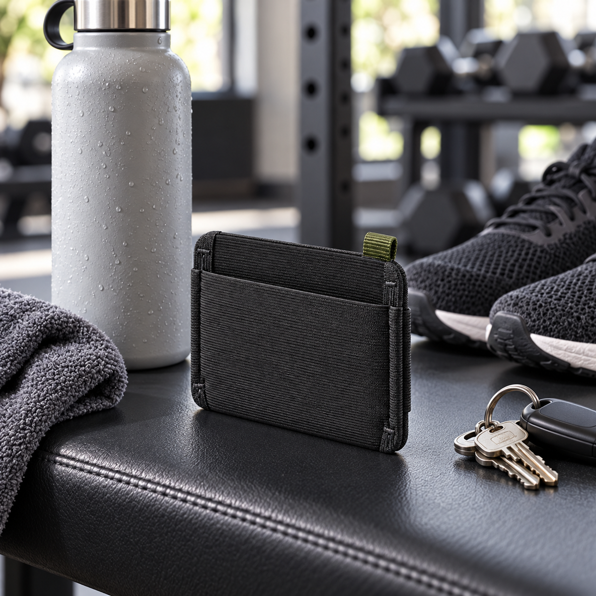 Elastic Weave Sport Card Wallet - lifestyle flat lay on gym bench with water bottle, towel and keys