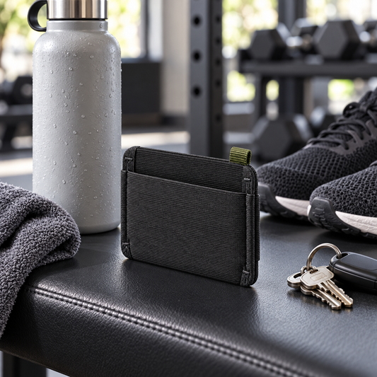 Elastic Weave Sport Card Wallet - lifestyle flat lay on gym bench with water bottle, towel and keys