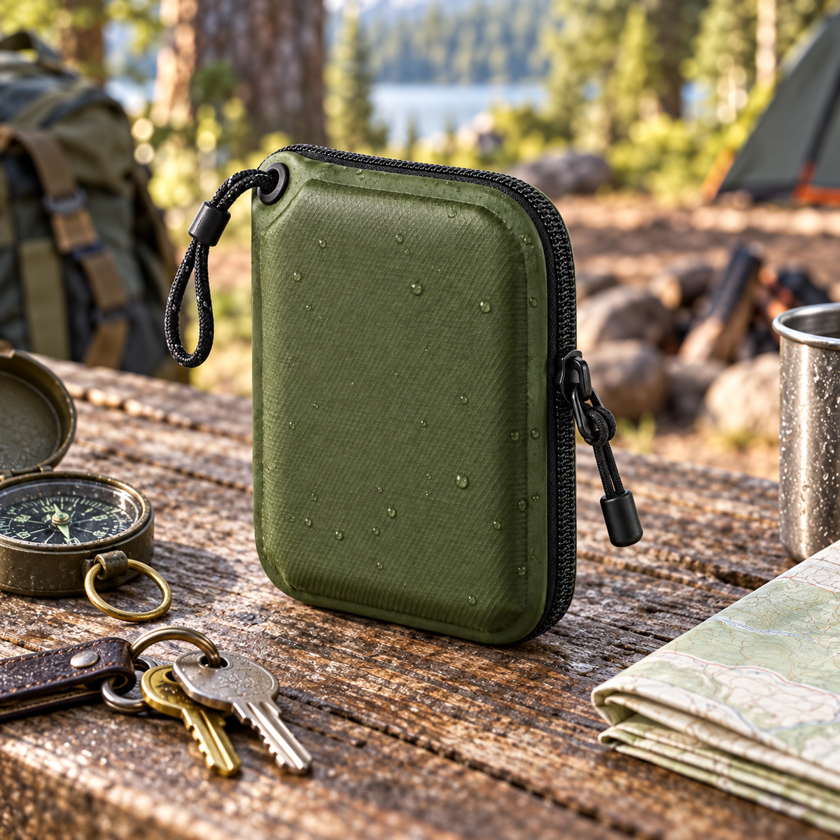 Waterproof Hard Shell Outdoor Card Case - lifestyle flat lay at campsite with compass, keys and map